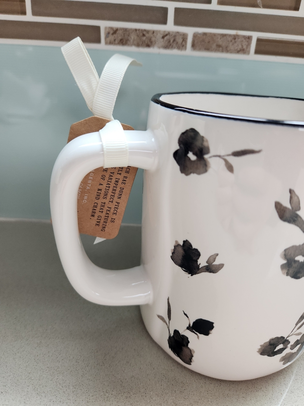 Rae Dunn White and Black Flower Floral "TEA" 16 OZ Mug -WHITE **NEW - Picture 4 of 7